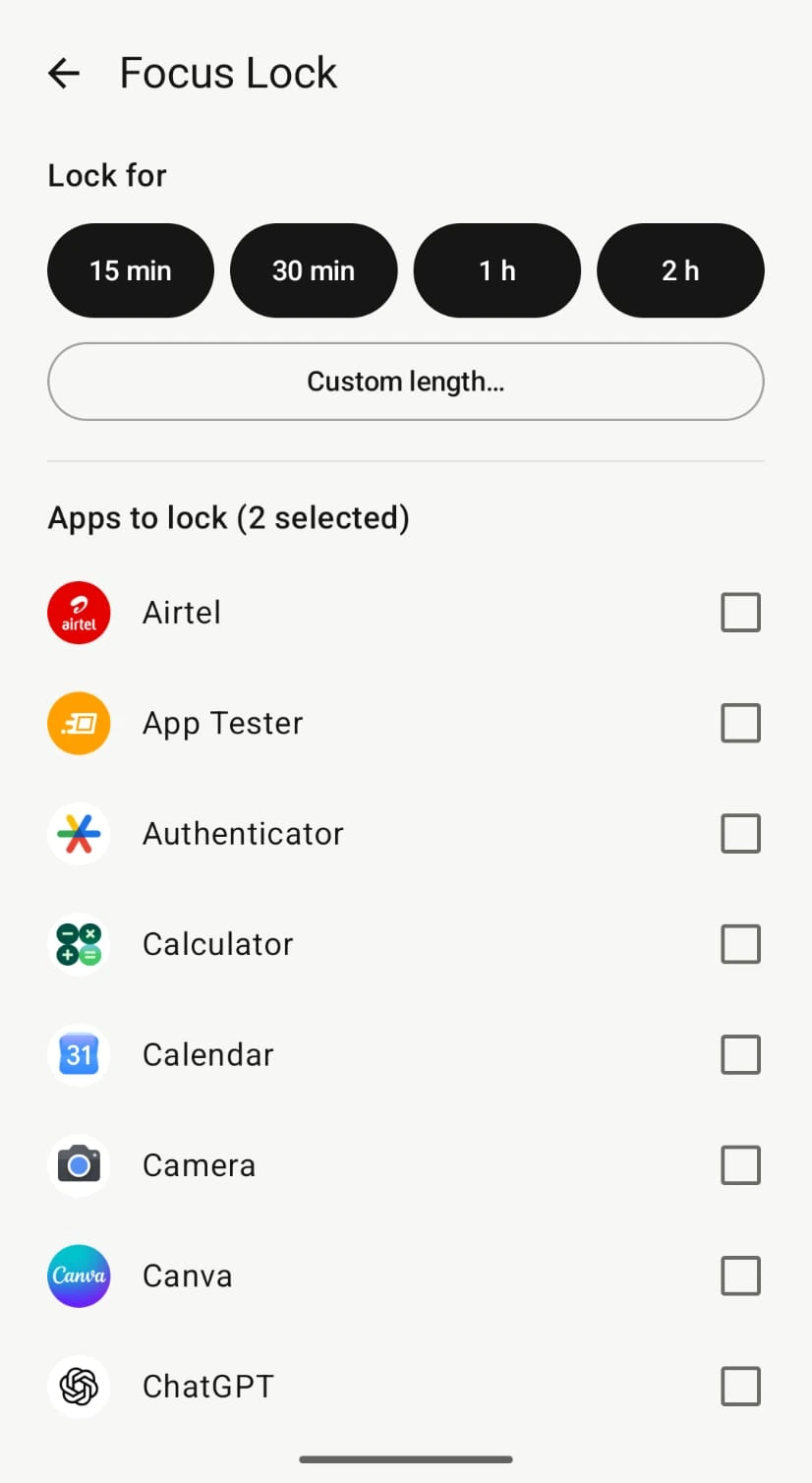 Focus Lock screen: lock for 15 minutes, 30 minutes, 1 hour, 2 hours or a custom length, with a list of apps to lock